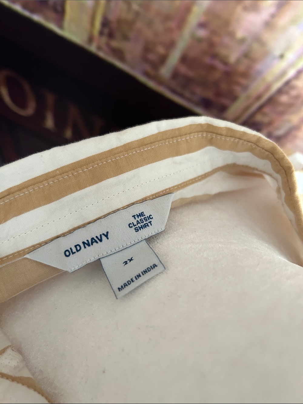 Old Navy White Shirt with Tan Stripe Trim